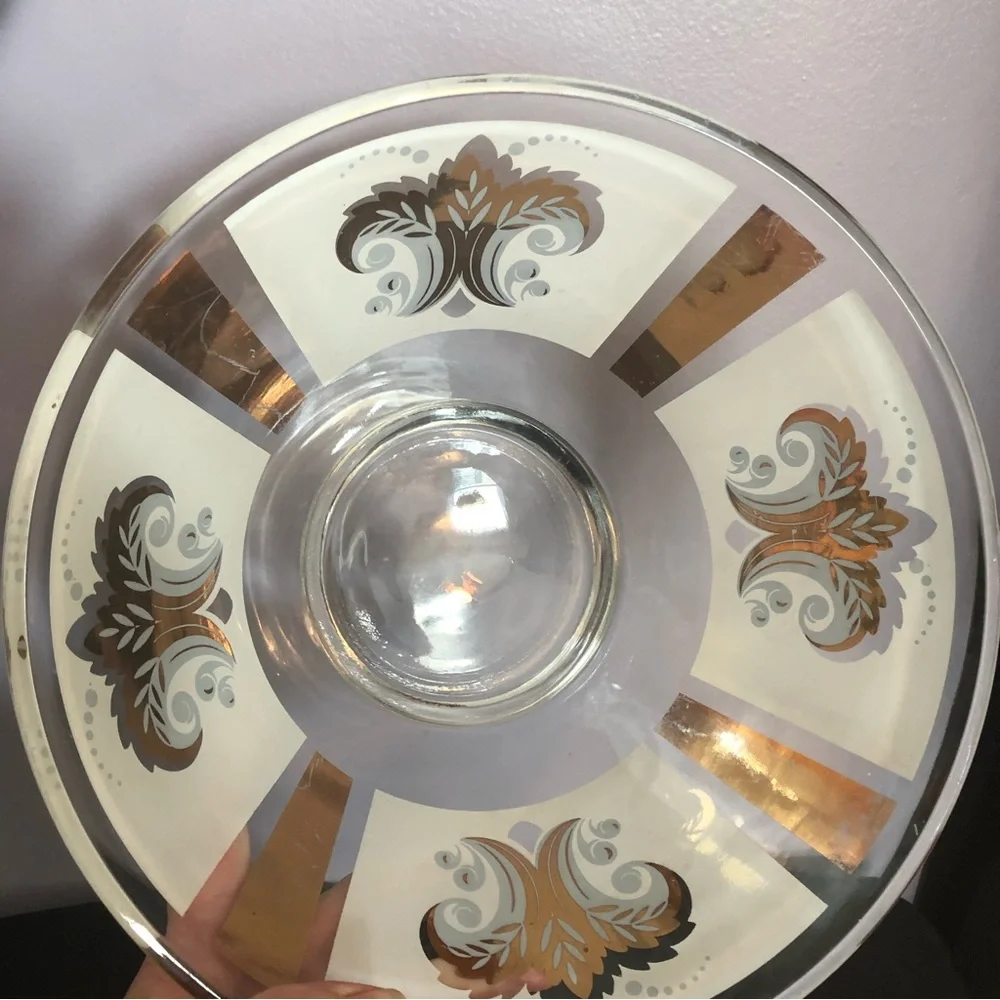 Vintage 1970s MCM large glass white clear & gold pattern CHIPS OR SALAD BOWL